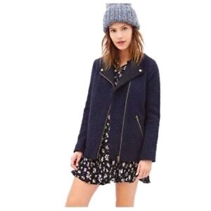 F21 Women’s Boucle Moto Jacket | Wool Blend | Large | Navy Gold